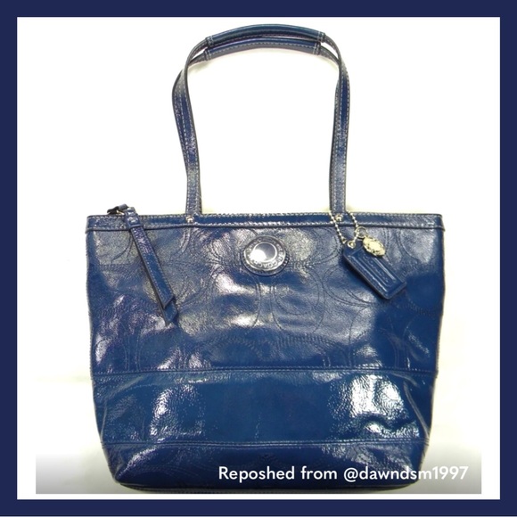 Coach Patent Marine Navy Blue Leather Logo Mini Tote Purse - Picture 1 of 16